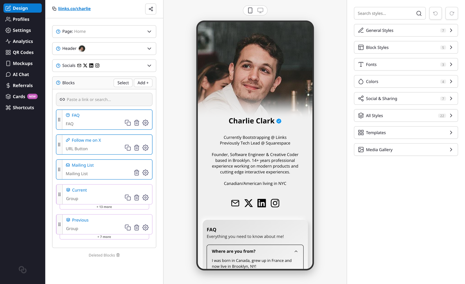The Design tab with style categories in the right sidebar