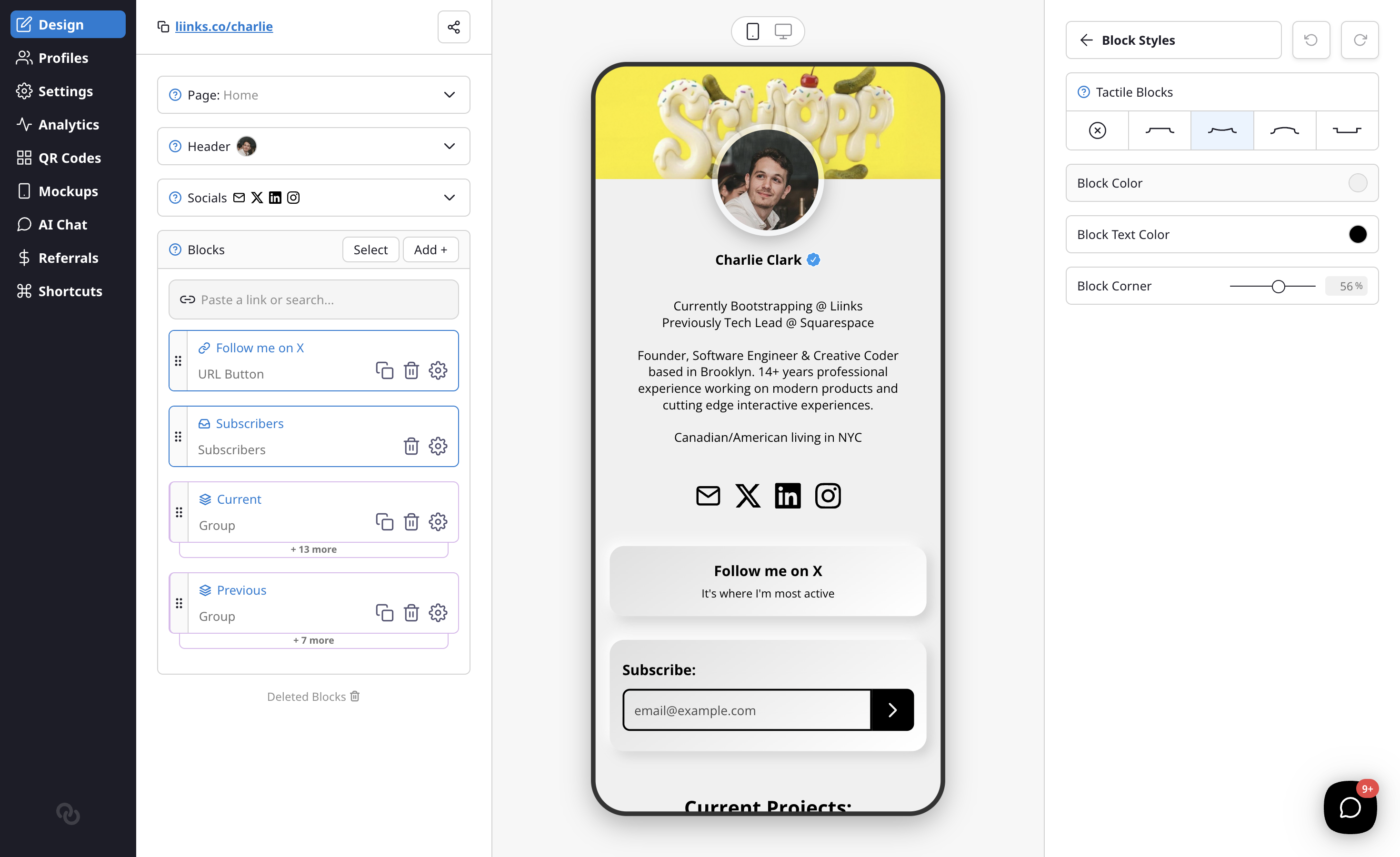The Block Styles panel with card customization options