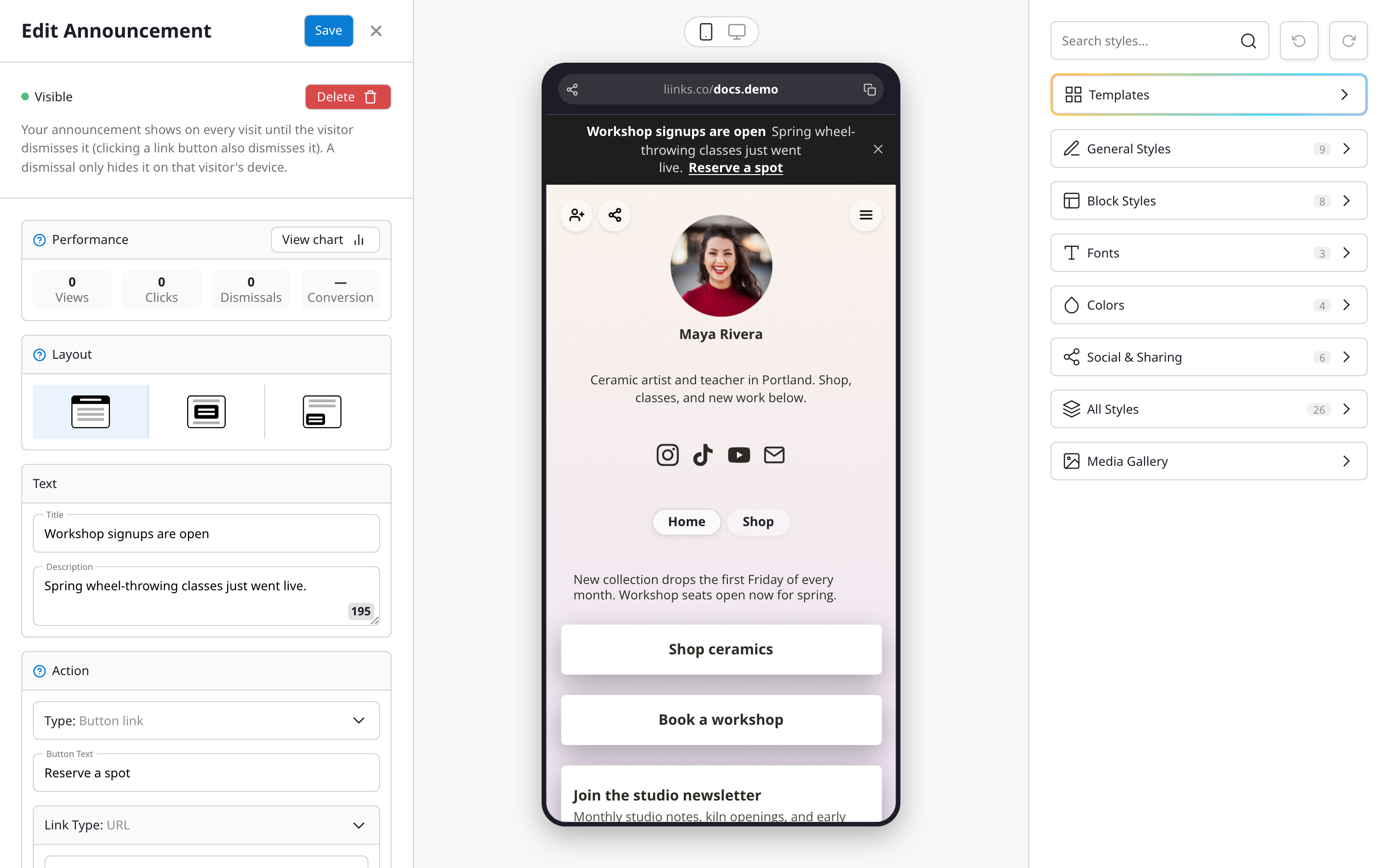 The announcement editor with layout options, text fields, and a live preview showing a banner