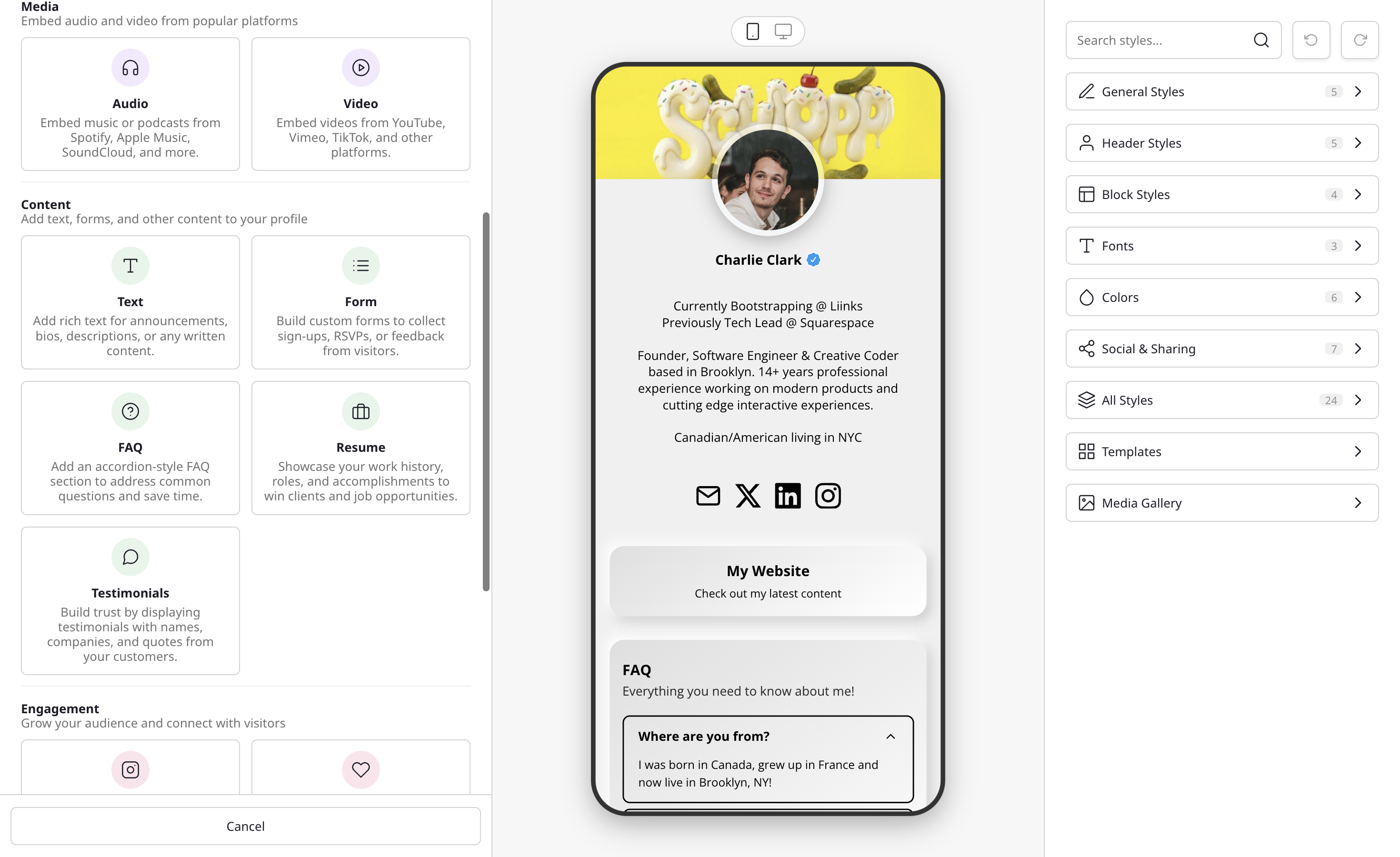 The Add Block modal showing all available block types organized by category