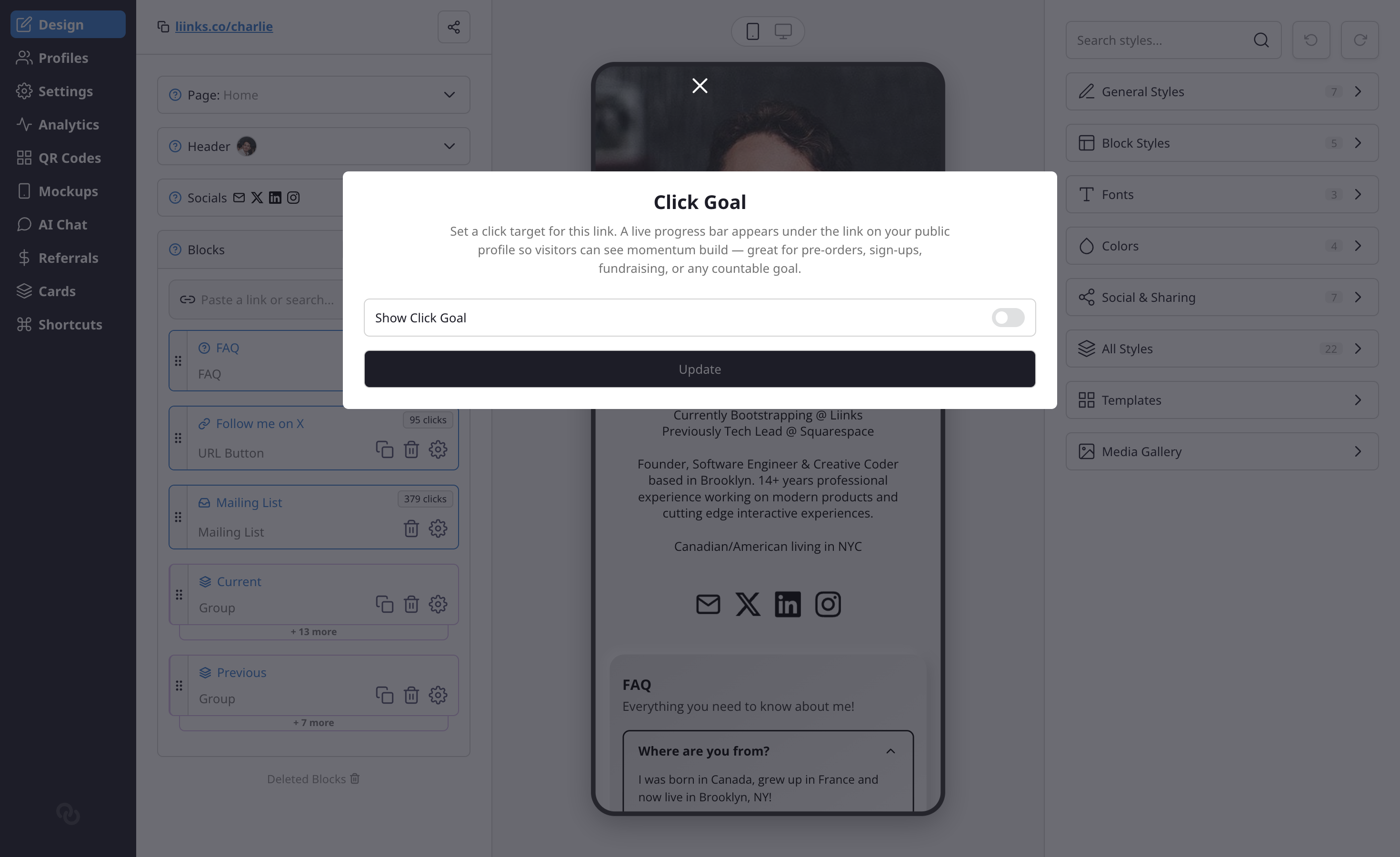 The Click Goal modal showing the toggle, goal field, and current progress