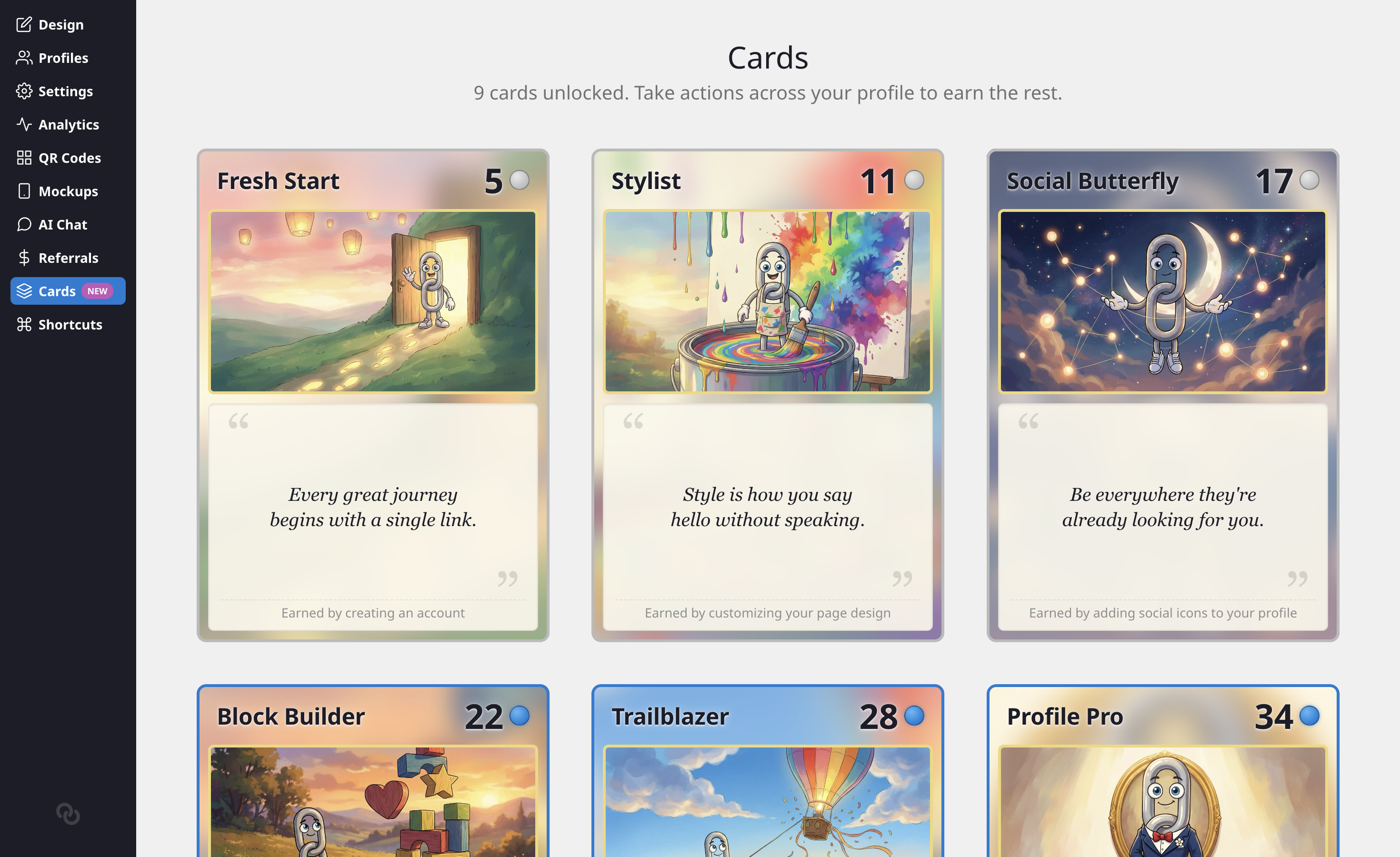 The Cards collection page showing earned and locked cards