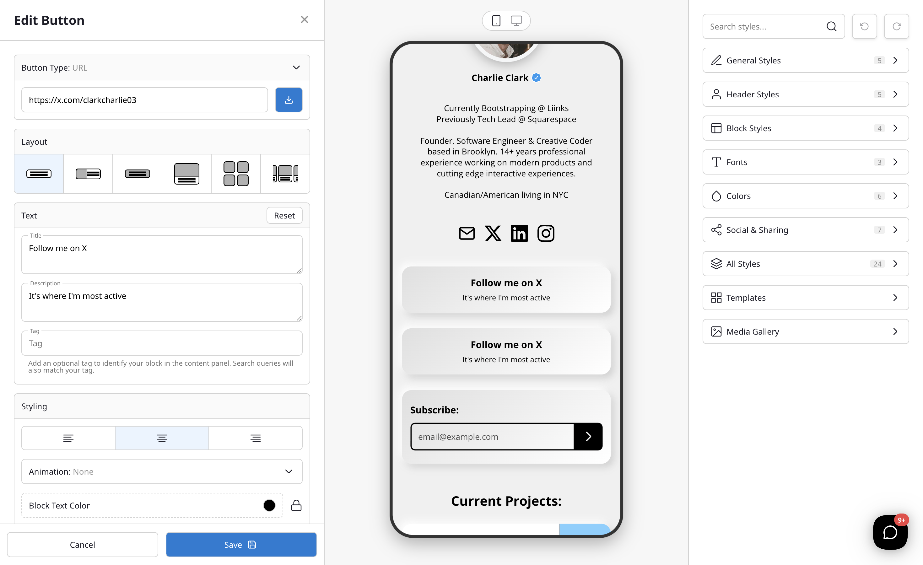 The link editor showing the Animation dropdown and layout options