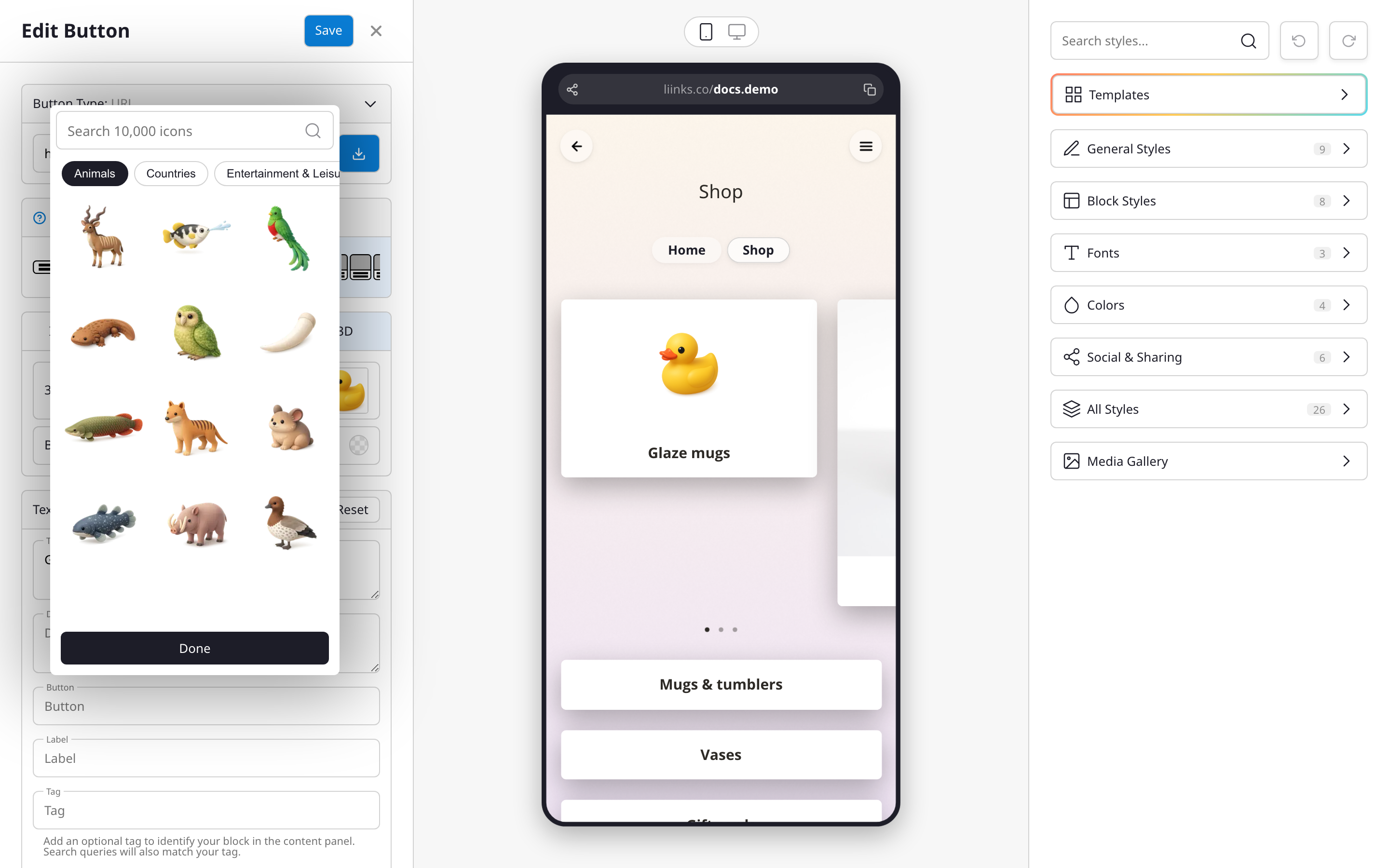 The 3D icon picker open in the link editor with the icon applied in the live preview