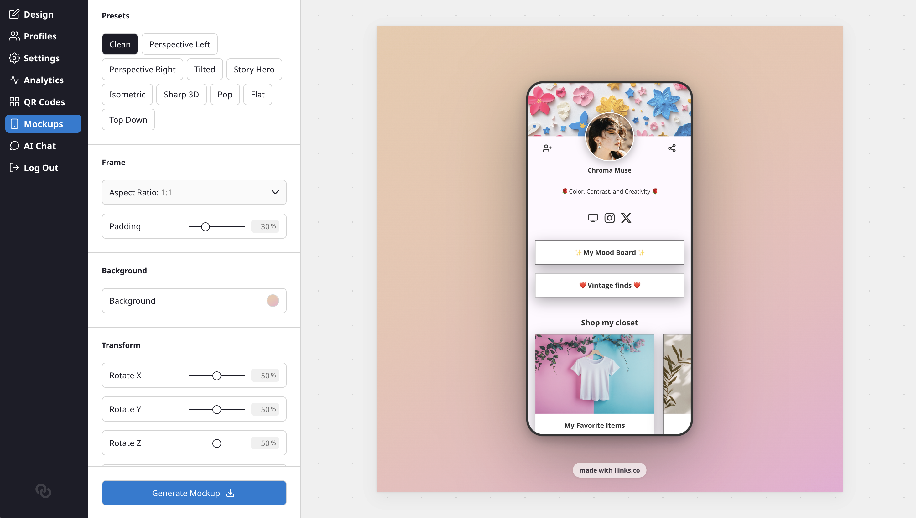Mockup panel with Clean preset