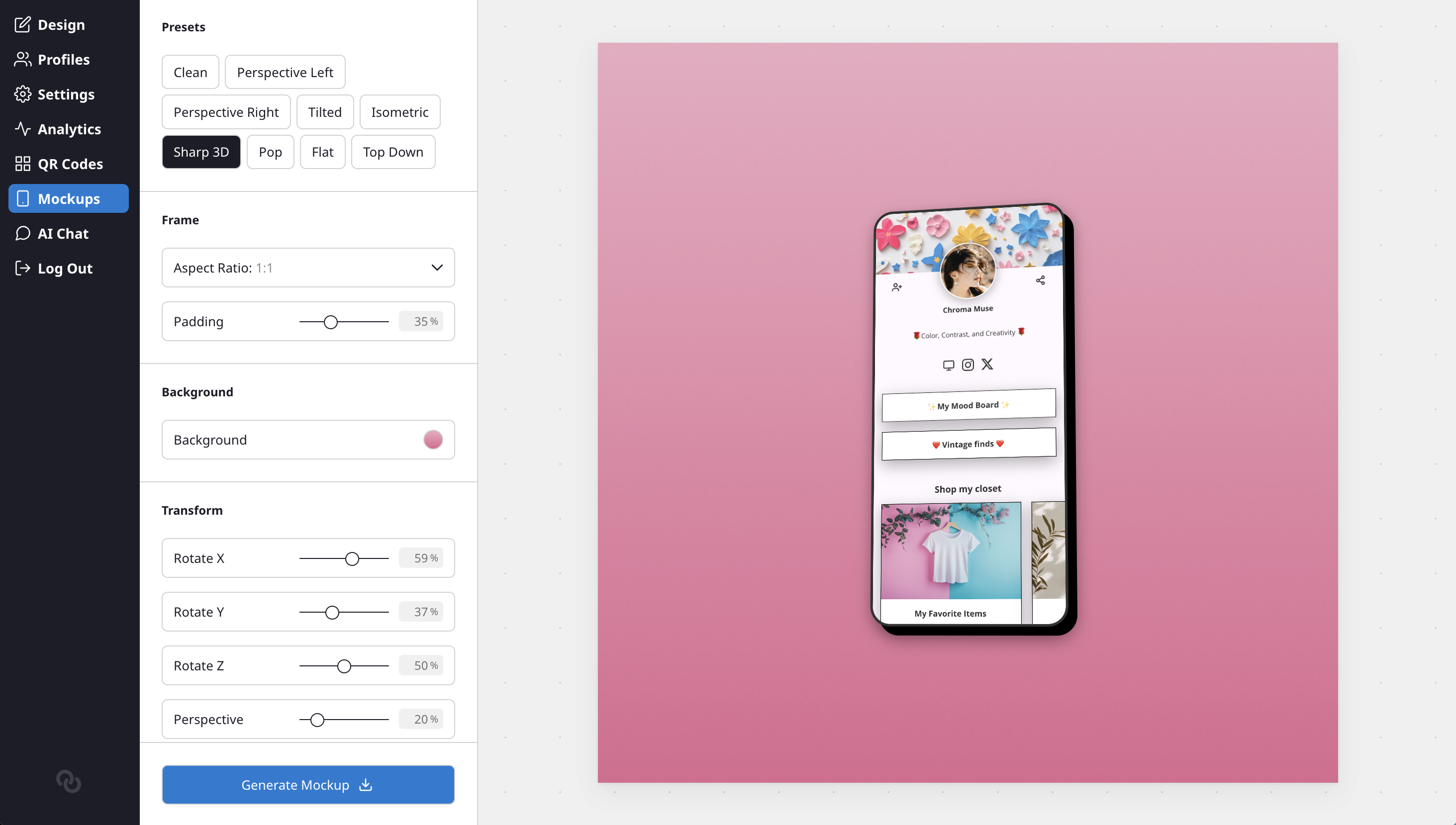 Mockup panel with Sharp 3D preset
