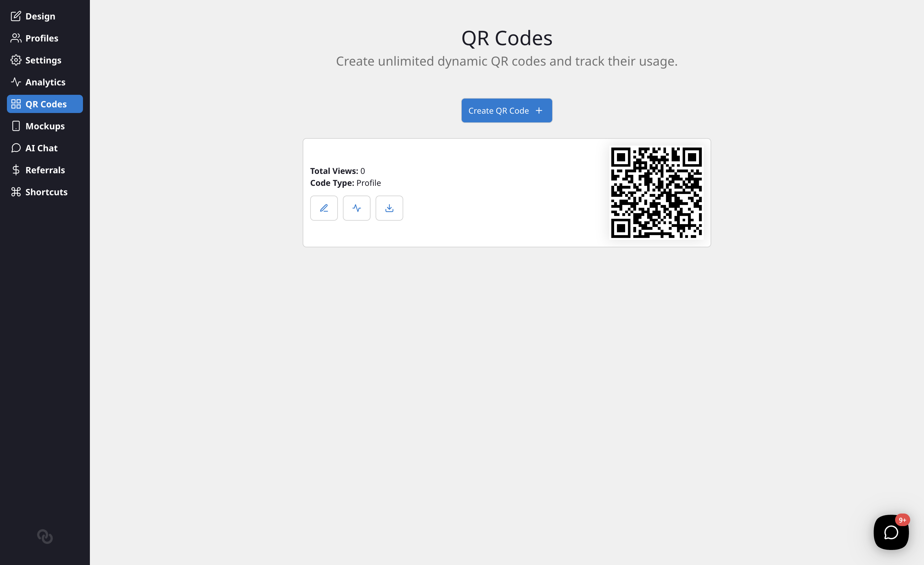The QR Codes tab showing your existing QR codes and the Create button