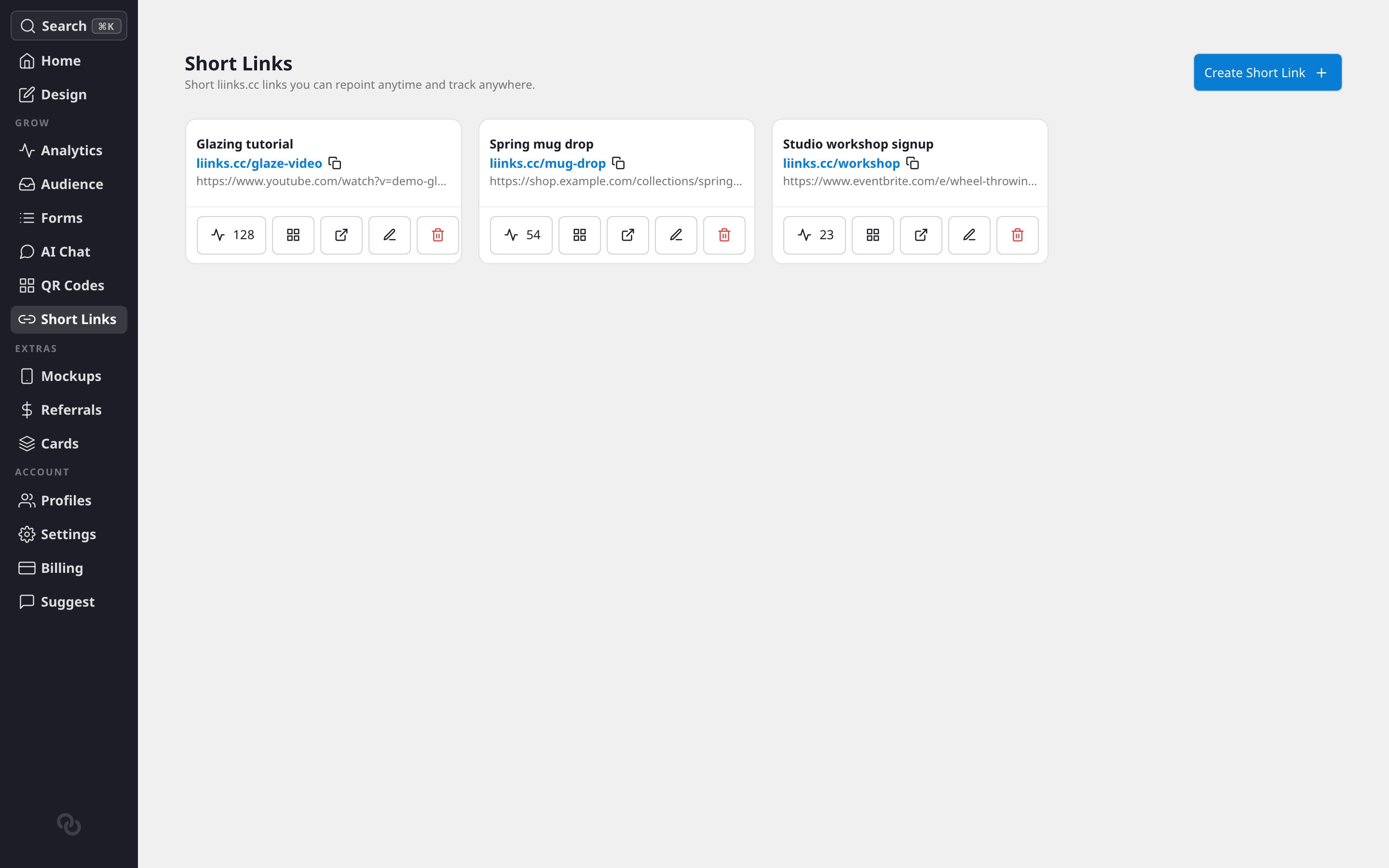 The Short Links page with link cards, copy pills, and click counts